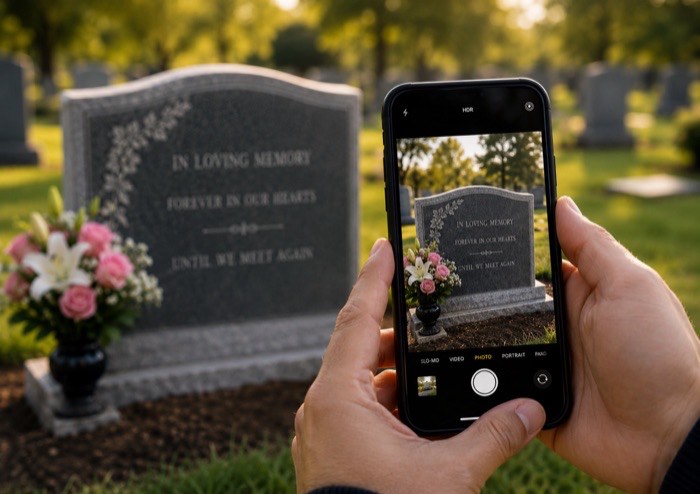 A phone photographing a cared-for headstone to send to the family