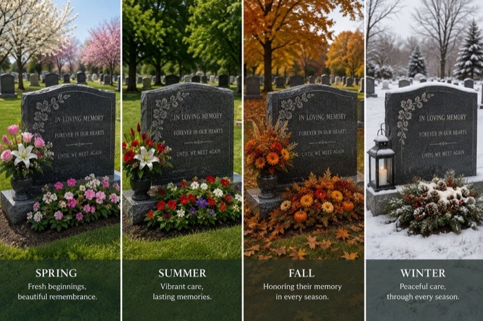 The same memorial cared for across spring, summer, autumn and winter