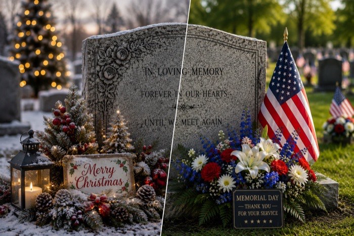 A memorial decorated for Christmas beside the same memorial decorated for Memorial Day